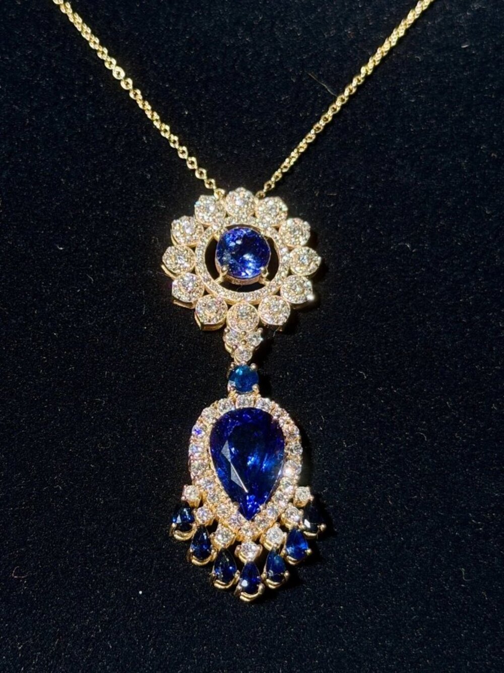 Natural Tanzanite, Sapphire & Diamond 14k Yellow Gold 18in Pendant Necklace Cert